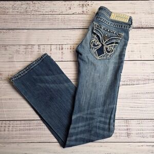Affliction Black Premium Jade Bootcut Jeans Sz 24 Studded Distressed Blue Denim